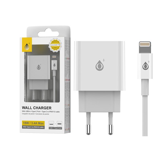 One Plus EU Wall Charger NA0278 with 1USB+1Type-C Port and Type C to Lightning Cable QC 3.0+PD(18W) White